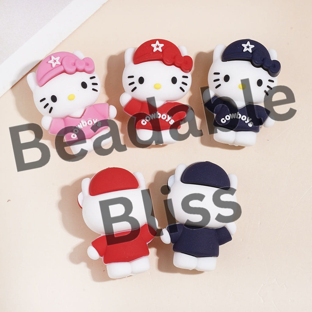 3D Cute Cat Character Wearing America Football Cap with Star Silicone Focal Beads Multi Colors