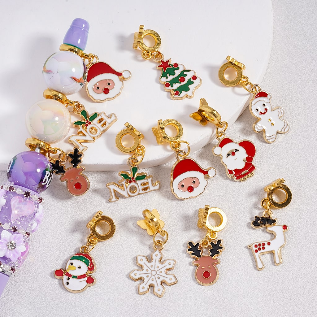 Festive Gold Alloy Bail Beads Pendants Charm Mix Butterfly, Santa, Noel, Snowflakes, Elk & Gingerbread Hat, Random Mix
