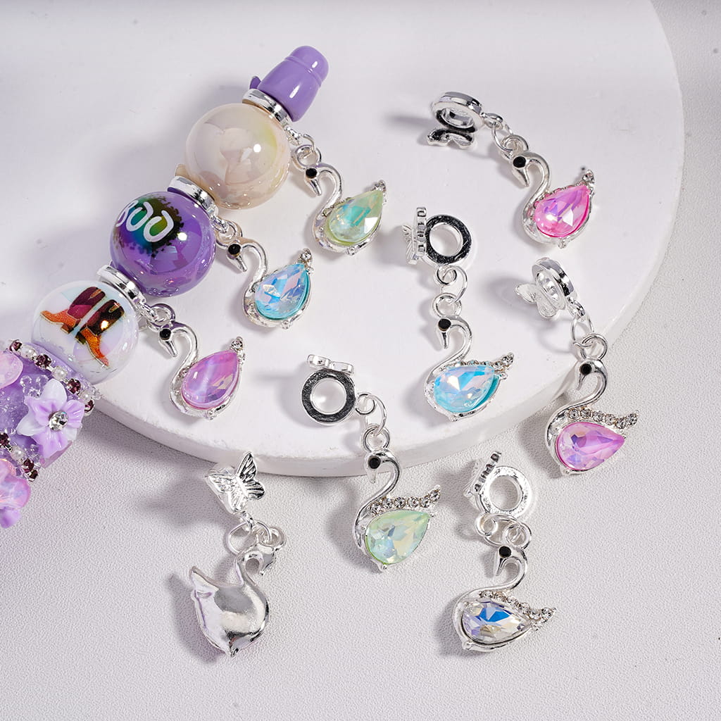 Silver Alloy Bail Beads with Butterfly Charm & Multi-Color Glossy Rhinestones Random Mix