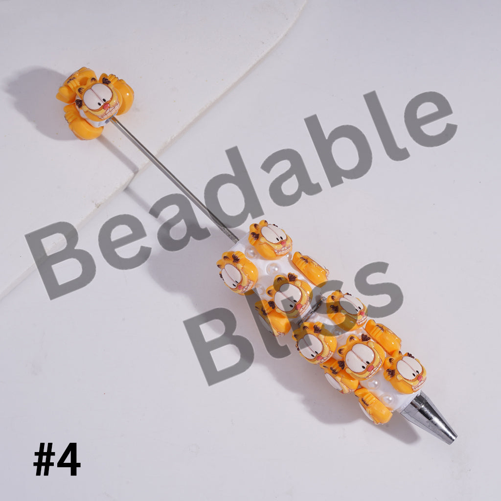 Beadable Clay Pens with Lazy Cat Character and Half-Shell White Pearls, Various Style