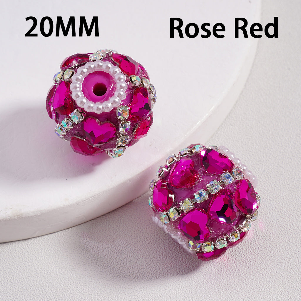 Spiral Heart Acrylic Beads Multicolor with AB Rhinestones, White Pearl Chains & Loop Accents 20mm Random Mix