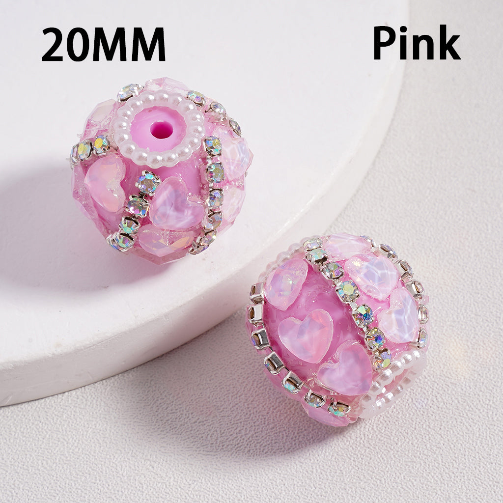 Spiral Heart Acrylic Beads Multicolor with AB Rhinestones, White Pearl Chains & Loop Accents 20mm Random Mix