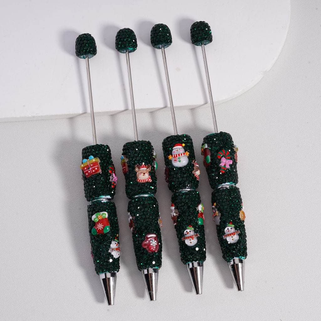Colorful Beadable Clay Pen with Green Rhinestones Christmas Charms Snowman, Candy Cane, Santa