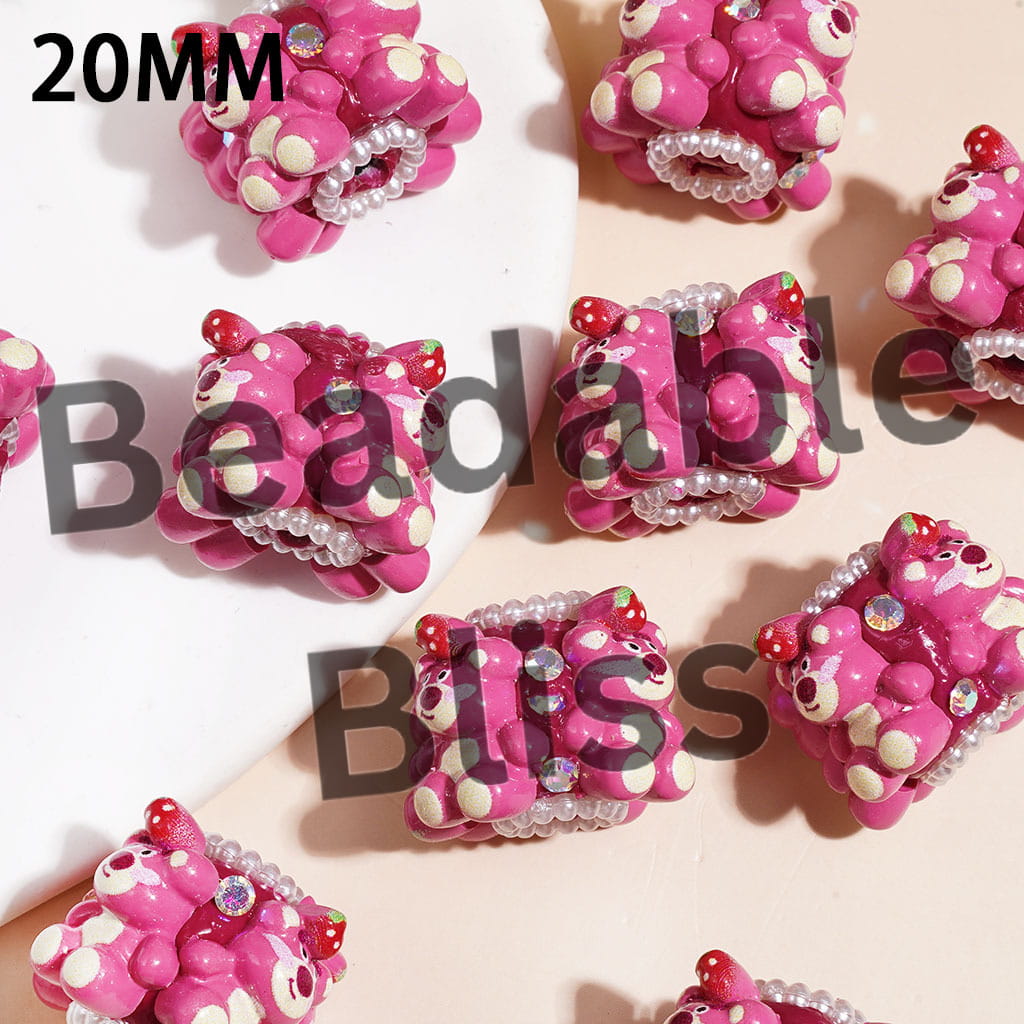 Clay Beads with Pink Bear and AB Rhinestones, White Pearls Chains, 20MM