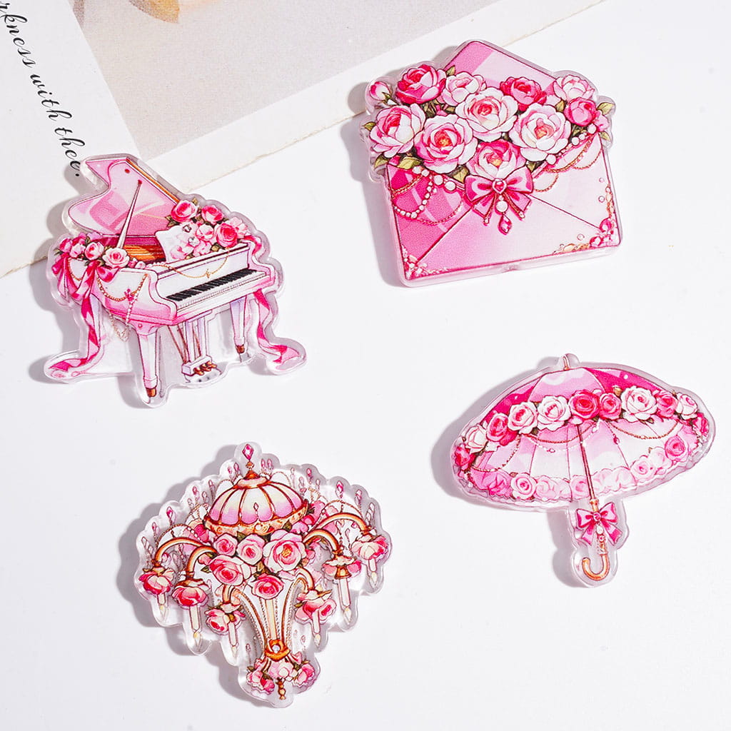 Pink Rouse Series Semi-Clear Acrylic Beads, Umbrella Piano Envelope Photo Frame Flower Garland Crystal Chandelier, Random Mix