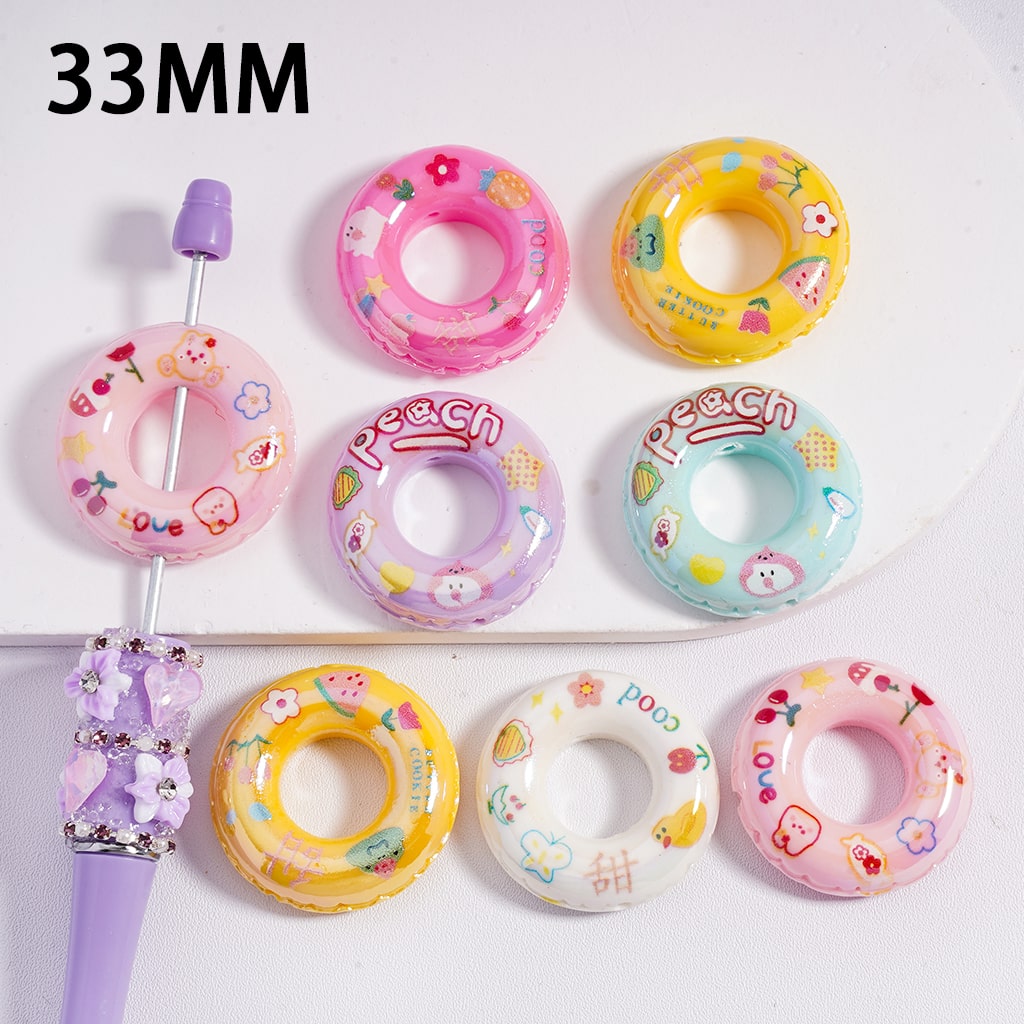UV Coated Cute Peach & Kawaii Donut with Icing, Chocolate Drizzle & Sprinkles, Multi Color Acrylic Beads 33MM Random Mix