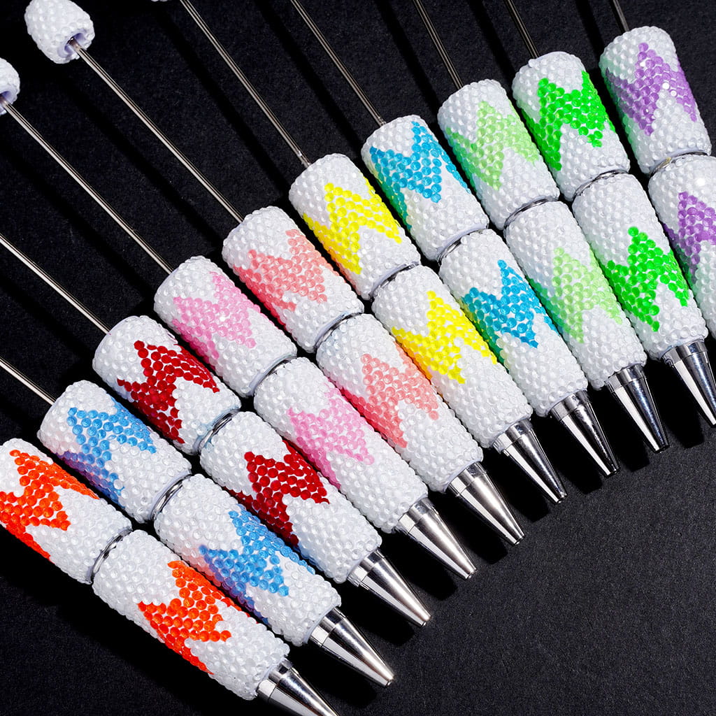 Rhinestones in Horizontal Wavy Shape Beadable Clay Pen, White Background, Various Colors Random Mix