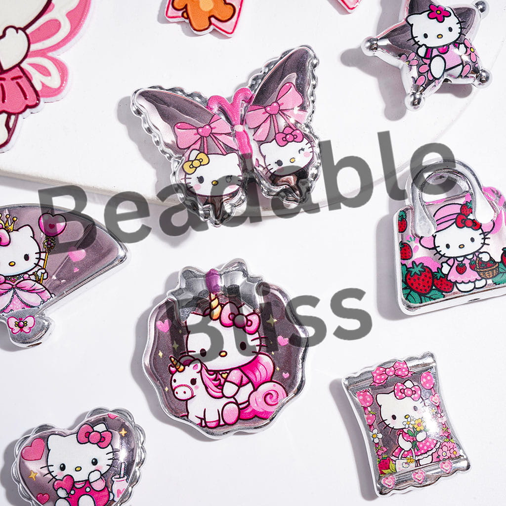 Pink Style Cute Cat Character Series Acrylic Beads and Pendants, Silver Border, Random Mix