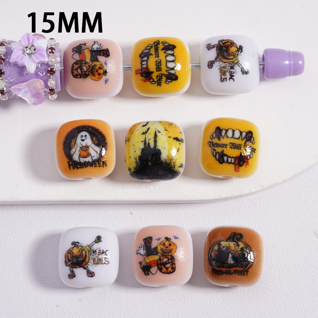 Flat Cube Square Acrylic Beads Halloween Series Spirit Pumpkin 15MM, Random Mix