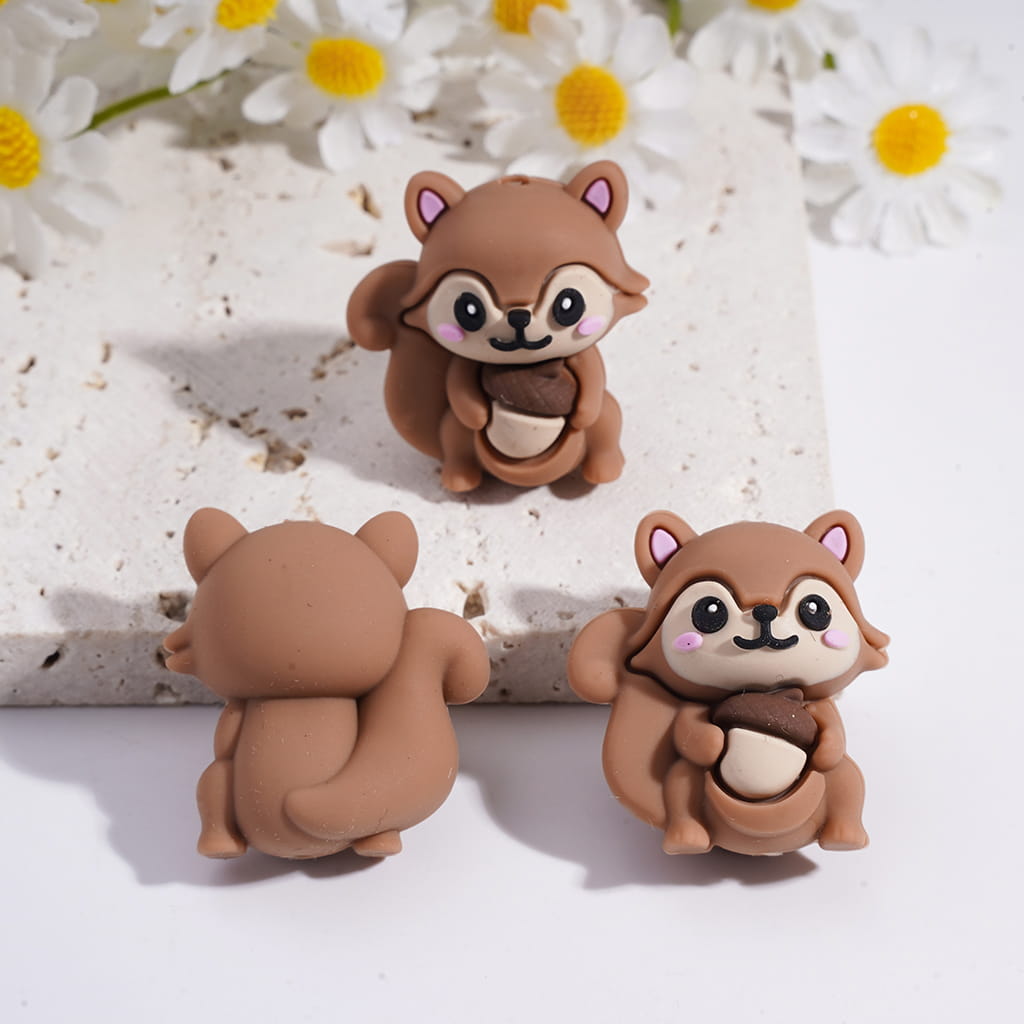 3D Cute Squirrel Holding Pine Cone Animal Series Silicone Focal Beads