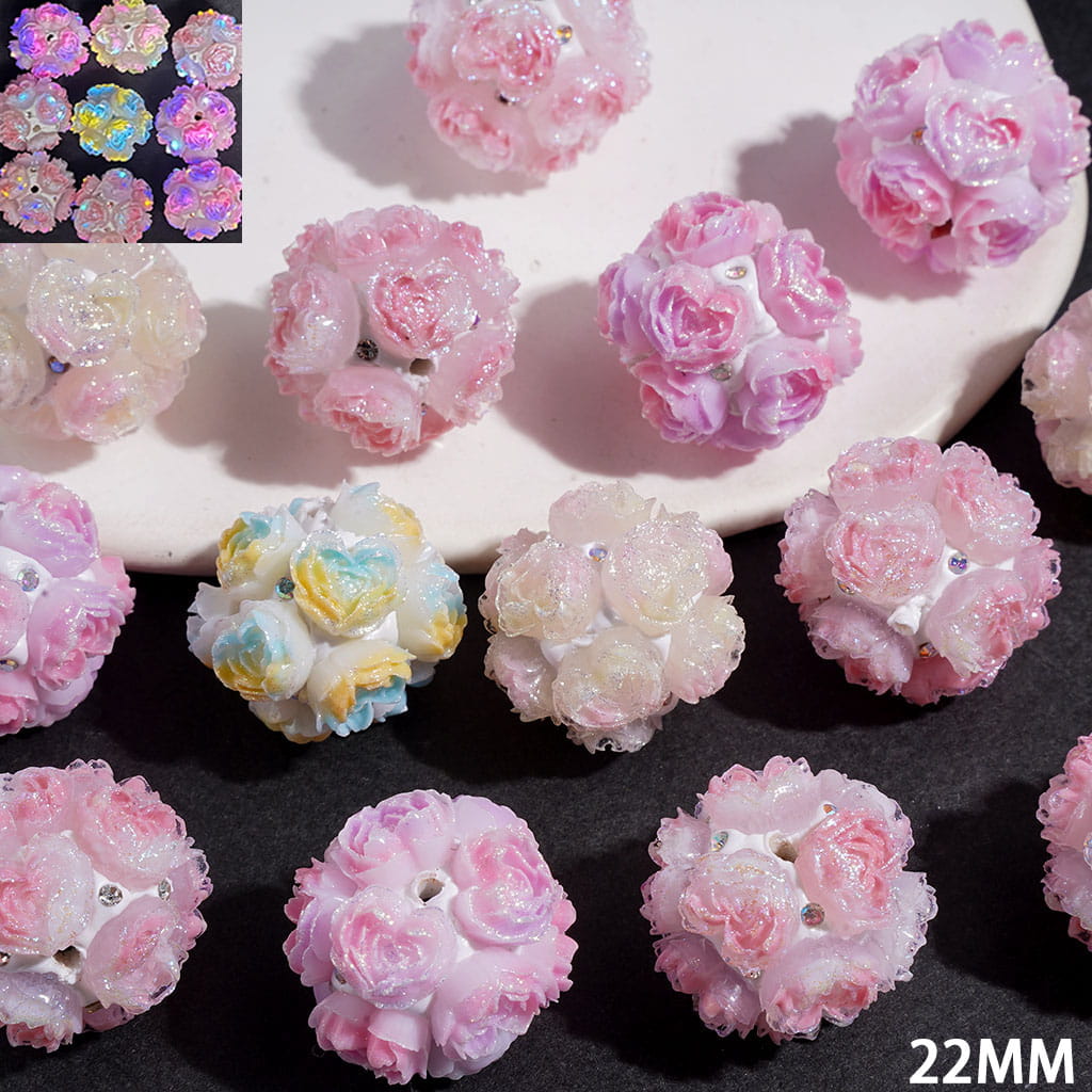 Clay Beads with Luminous and Gradient Color Heart Shaped Rose Flower with Glitter, AB Rhinestones, 22MM Random Mix Multi-Color