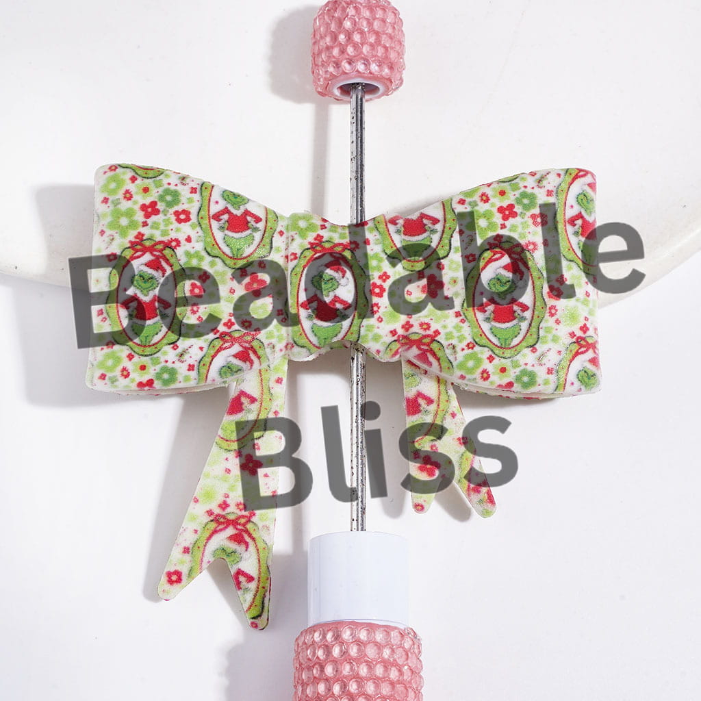 UV-Printed Silicone Focal Beads Soft Bowtie with Magic Mirror Christmas Green Character Flower Pattern, 53*59MM