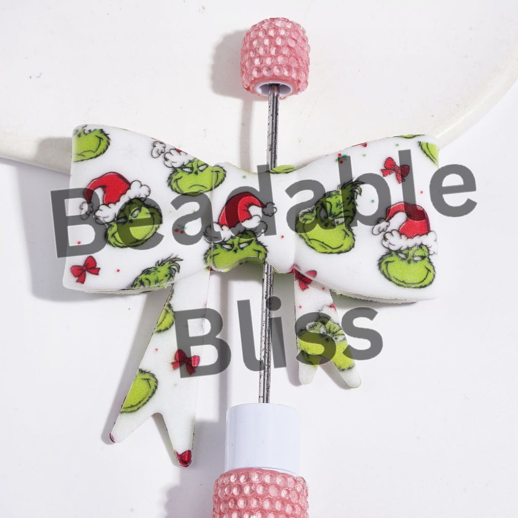 UV-Printed Soft Bowtie with Christmas Green Character Profile and Red Bow Printed Silicone Focal Beads, 53*59MM