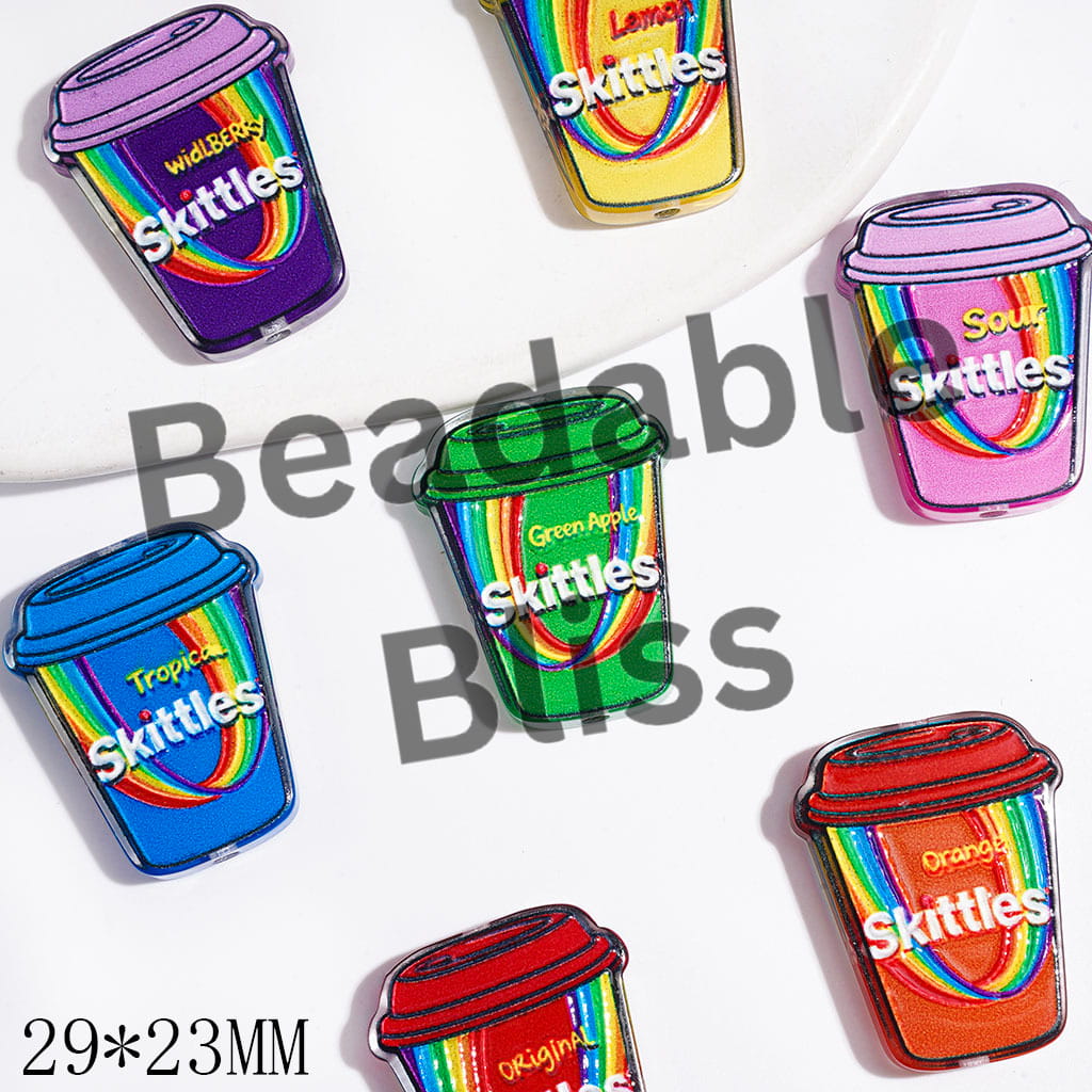 Acrylic Beads Coffee Cup with Rainbow Candy Text Prints, 29*23MM, Multi-Color, Random Mix