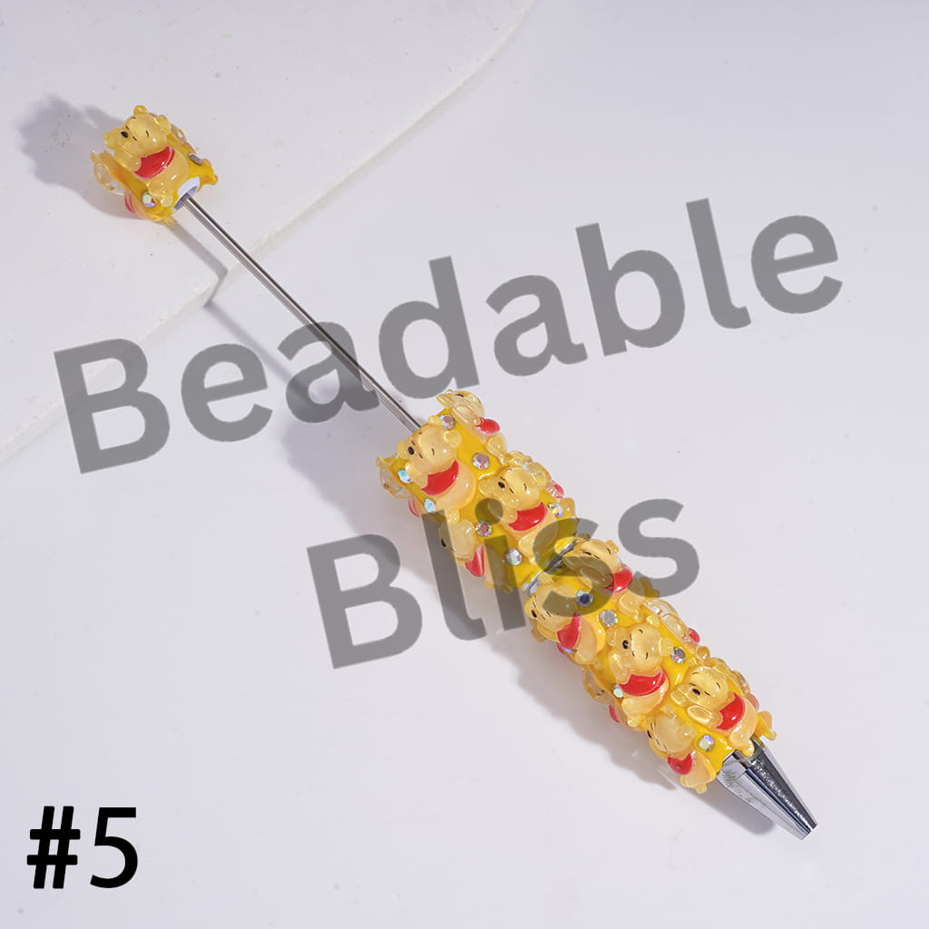 Beadable Clay Pens with Yellow Honey Bear Character in Various Style, AB Rhinestones and White Pearl