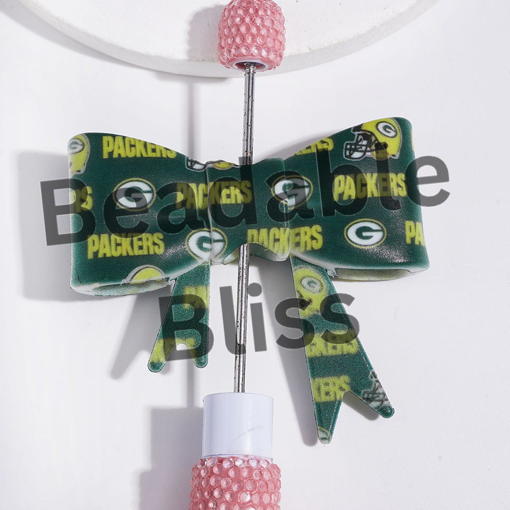 UV-Printed Silicone Focal Beads Soft Bowtie with Green Bay Football Team Pattern, 53*59MM