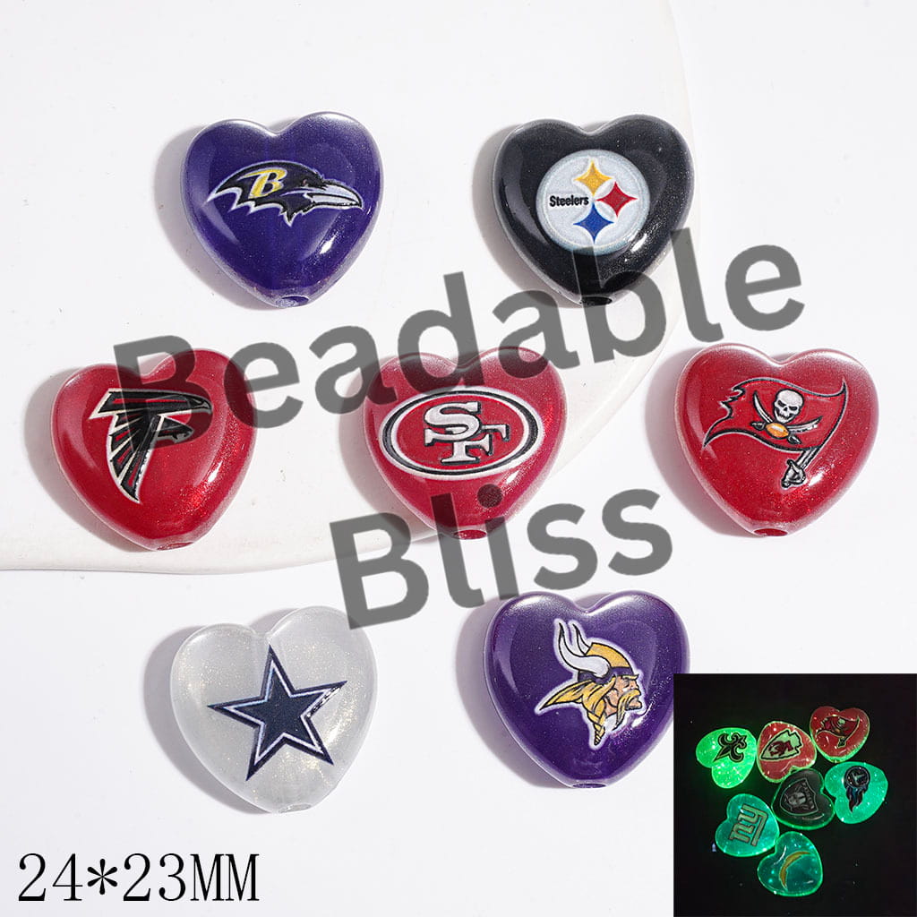 Acrylic Beads Luminous and Cat Eye Style with Gold Glitter, American Football Team Series, 24*23MM, Heart Shape, Random Mix