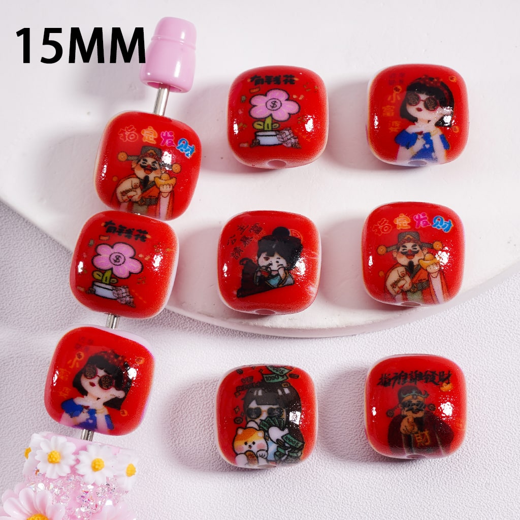 Chinese Wishing You Prosperity Series Cube Flat Square Red Acrylic Beads 15mm Random Mix