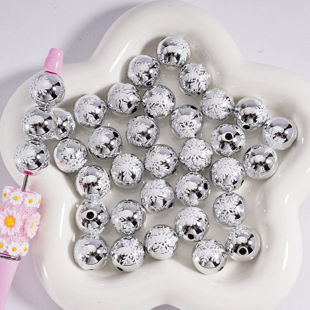 Metallic White Christmas Snowflake Prints Holiday Collection Christmas Theme Acrylic Beads 16mm
