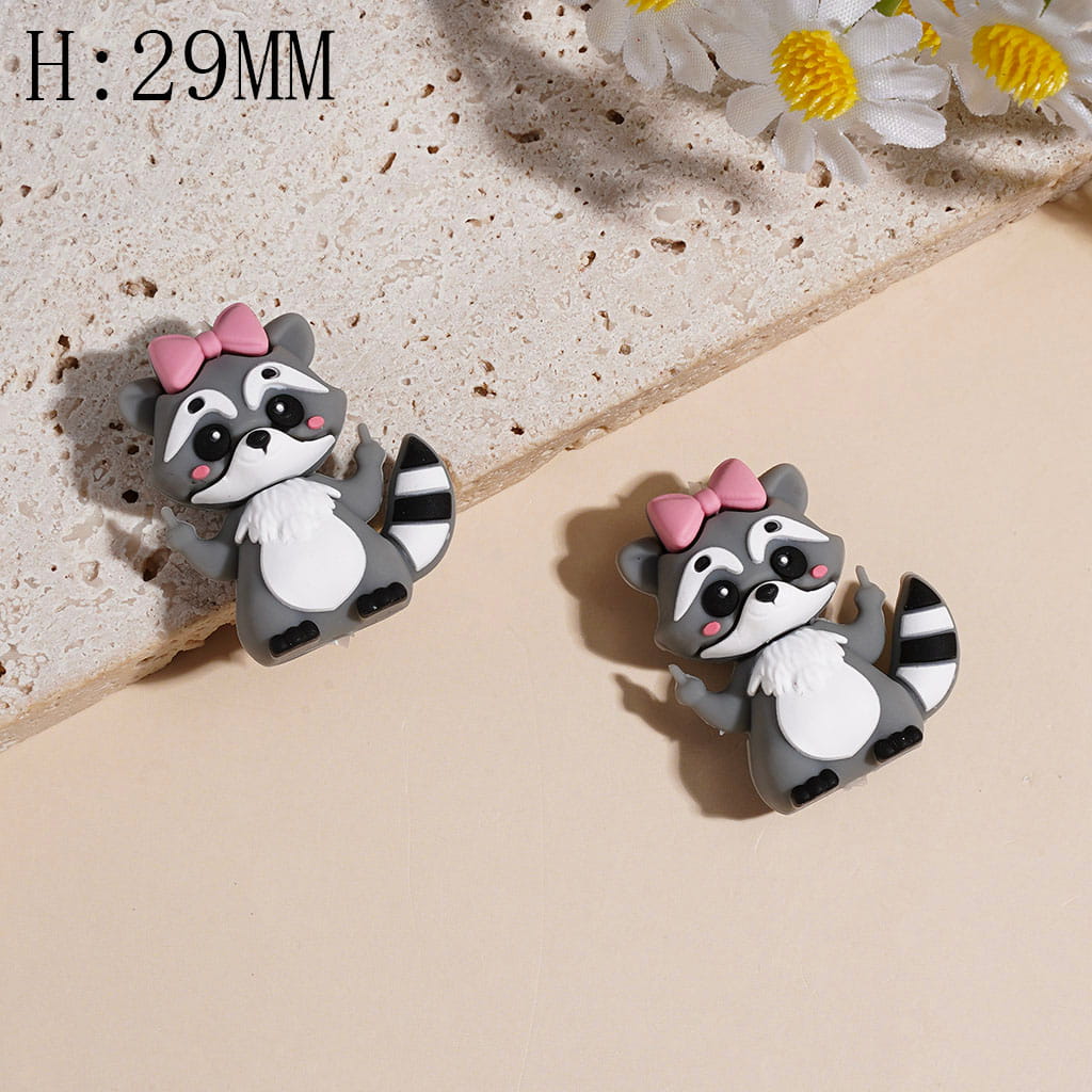 3D Raccoon with Pink Bow and Humor Gesture Silicone Focal Beads Height 29MM