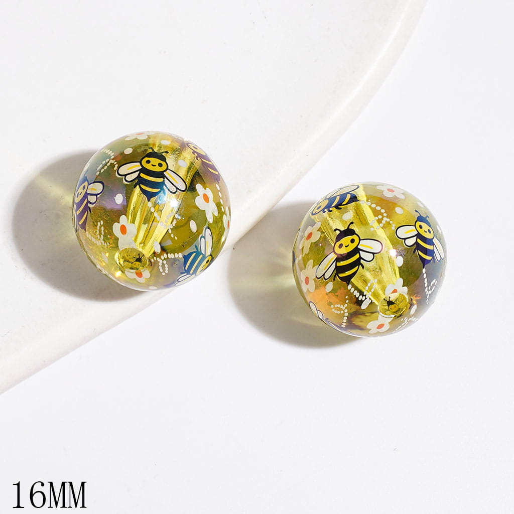 Bee and Flower Print UV Finish Acrylic Beads for Bracelets, Clear Yellow, 16MM