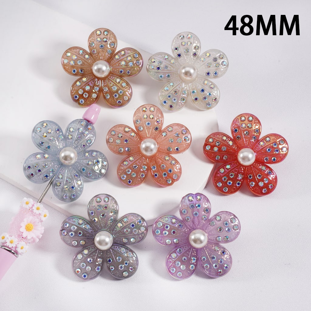UV Finish Five-Petal Flower with AB Rhinestones & Pearls, Multi-Color Large 48mm Floral Acrylic Beads Random Mix