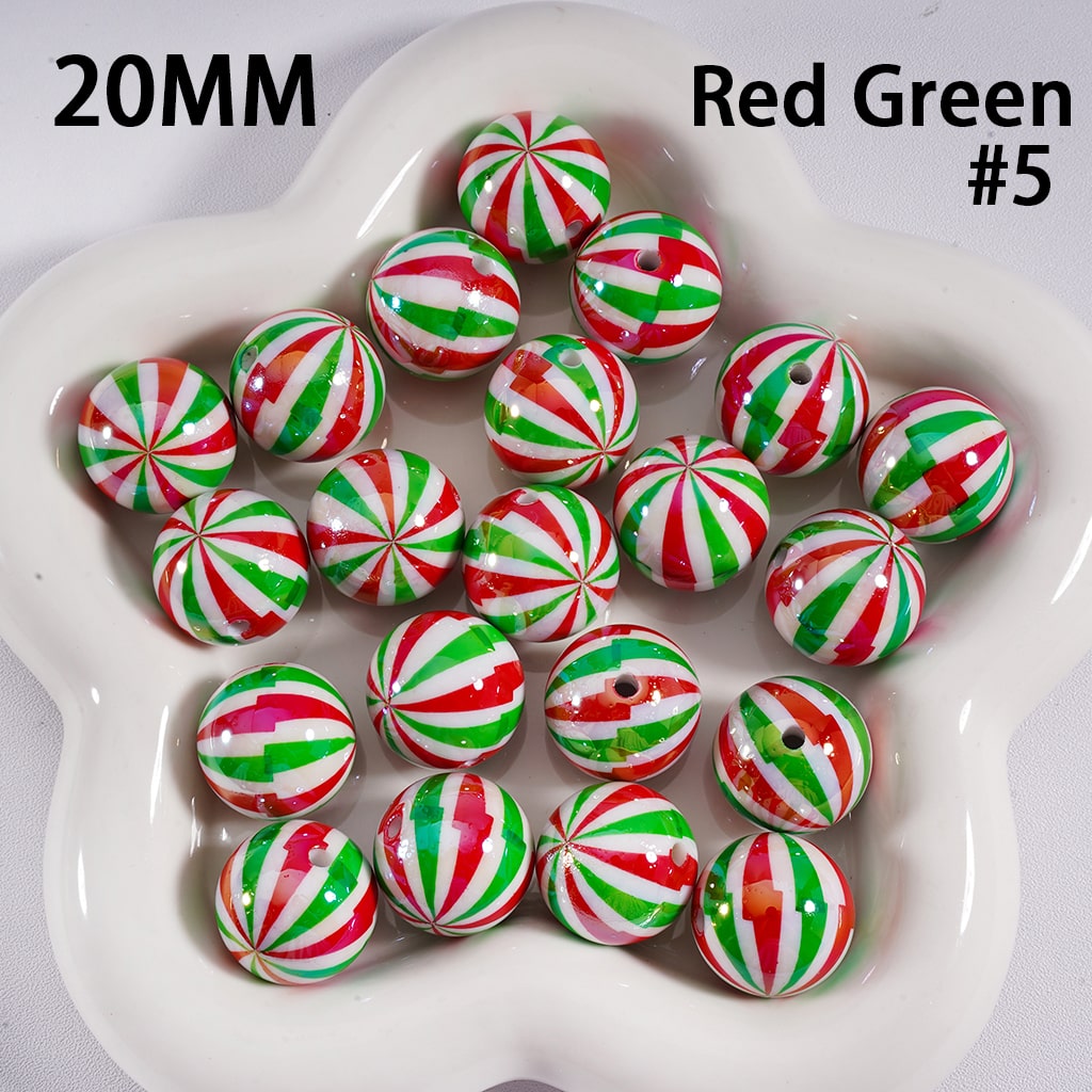 UV Coating Shiny Candy Cane Christmas Green & Red Stripes Round Acrylic Beads 20MM