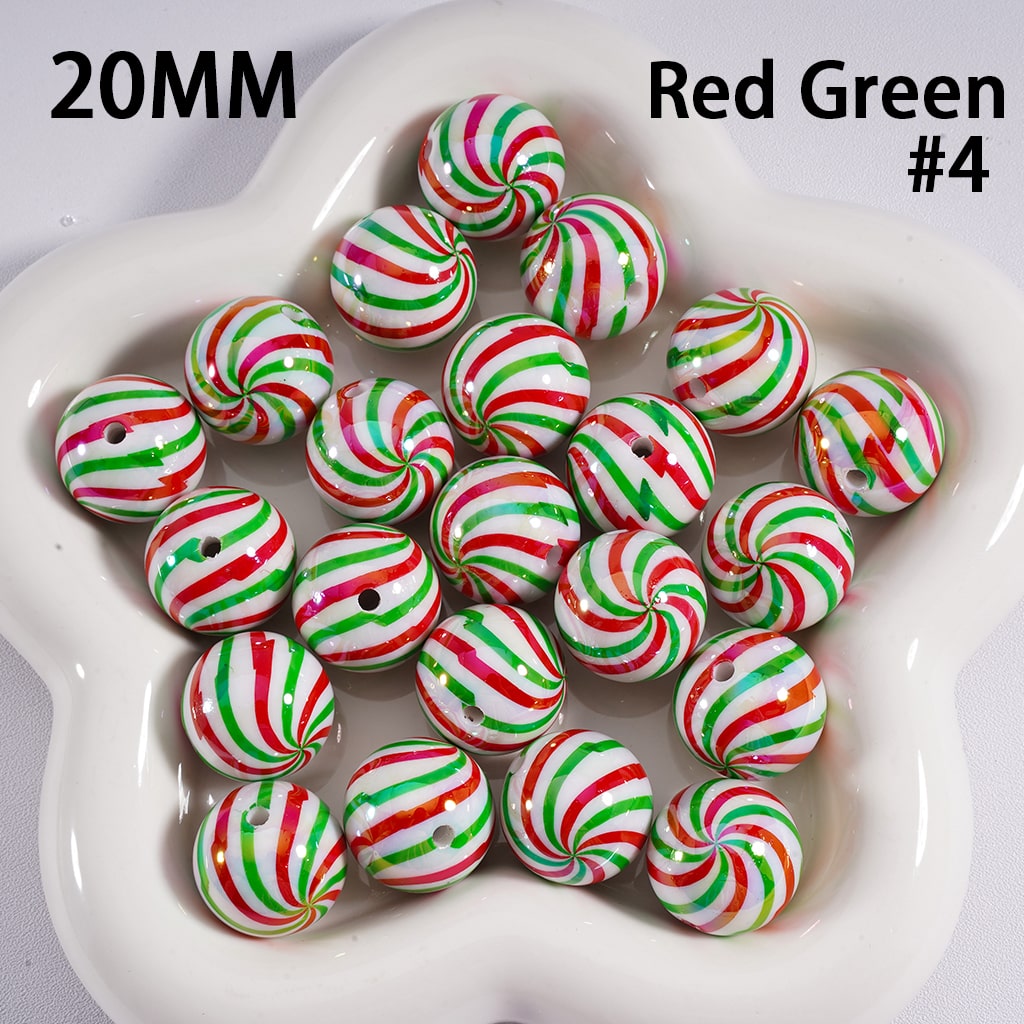 UV Coating Shiny Candy Cane Christmas Green & Red Stripes Round Acrylic Beads 20MM