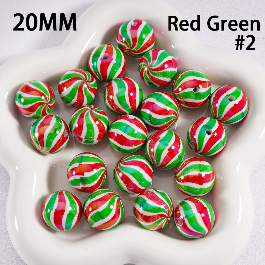 UV Coating Shiny Candy Cane Christmas Green & Red Stripes Round Acrylic Beads 20MM
