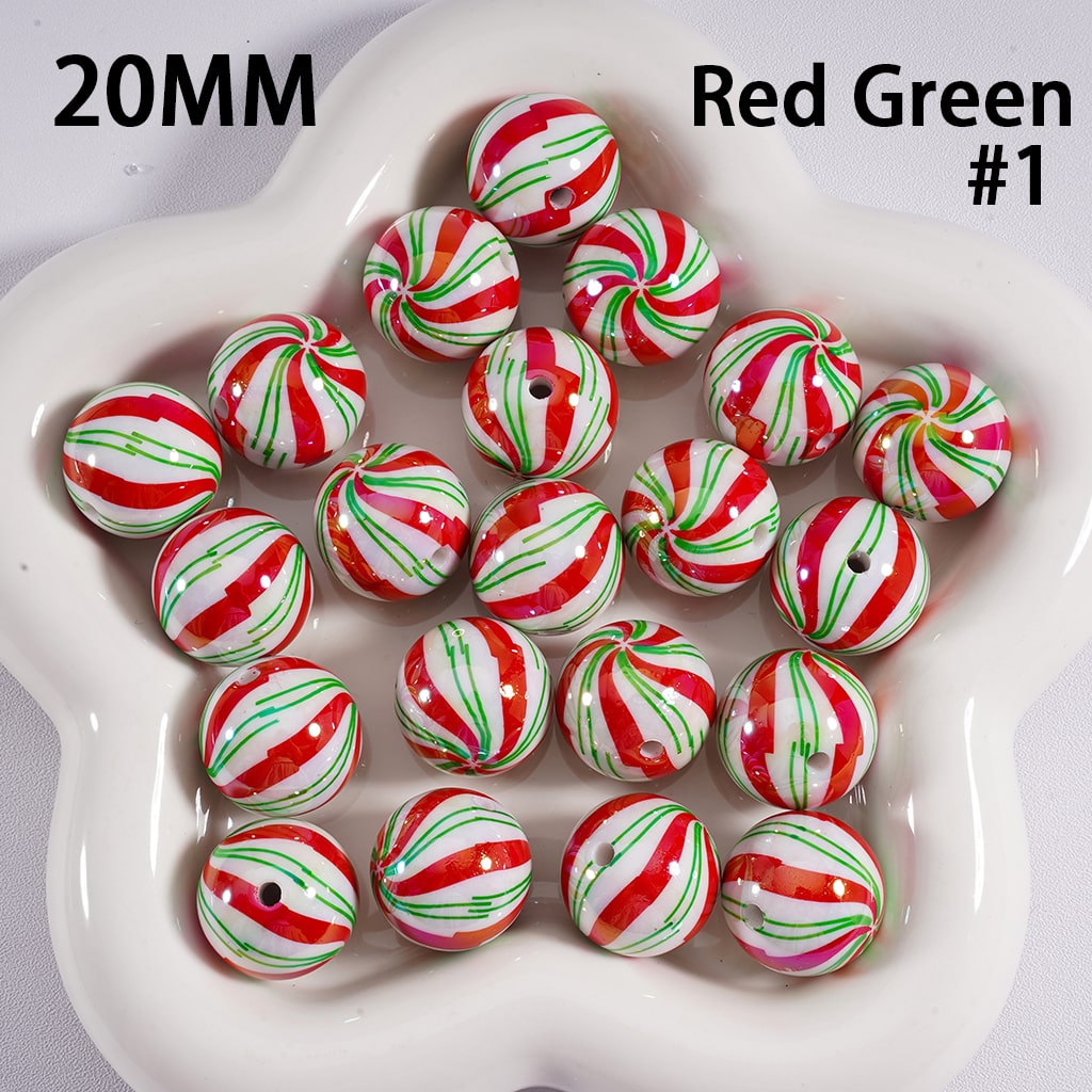 UV Coating Shiny Candy Cane Christmas Green & Red Stripes Round Acrylic Beads 20MM