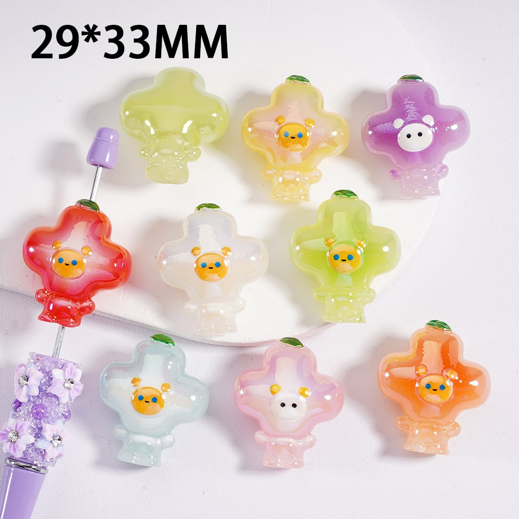 UV Coated Cute Floral Flowers Bear Head Design, Acrylic Beads 29*33mm, Random Mix