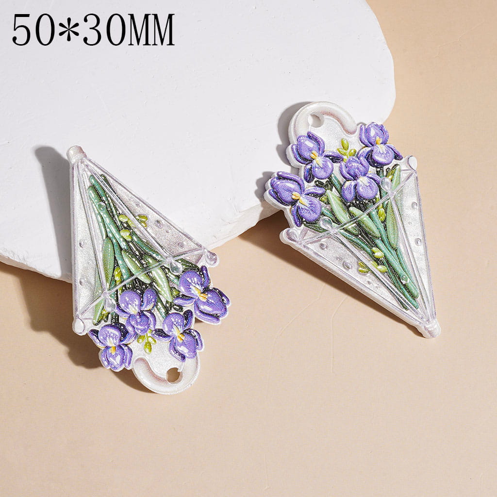 Umberlla with Purple Irises Flower and Green Leaf Acrylic Pendants 50*30MM