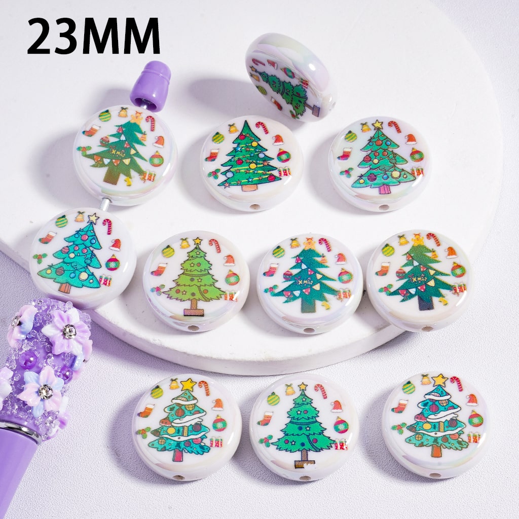 UV-Coated Christmas Tree Prints for Holiday Crafts & Supplies, Flat Round Acrylic Beads 23MM, Random
