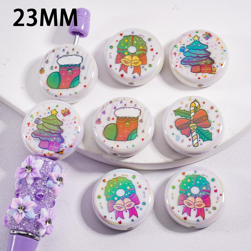 Glossy Holiday Christmas Theme Candy Cane, Tree, Gift Prints Flat Round Acrylic Beads, 23mm Random Mix