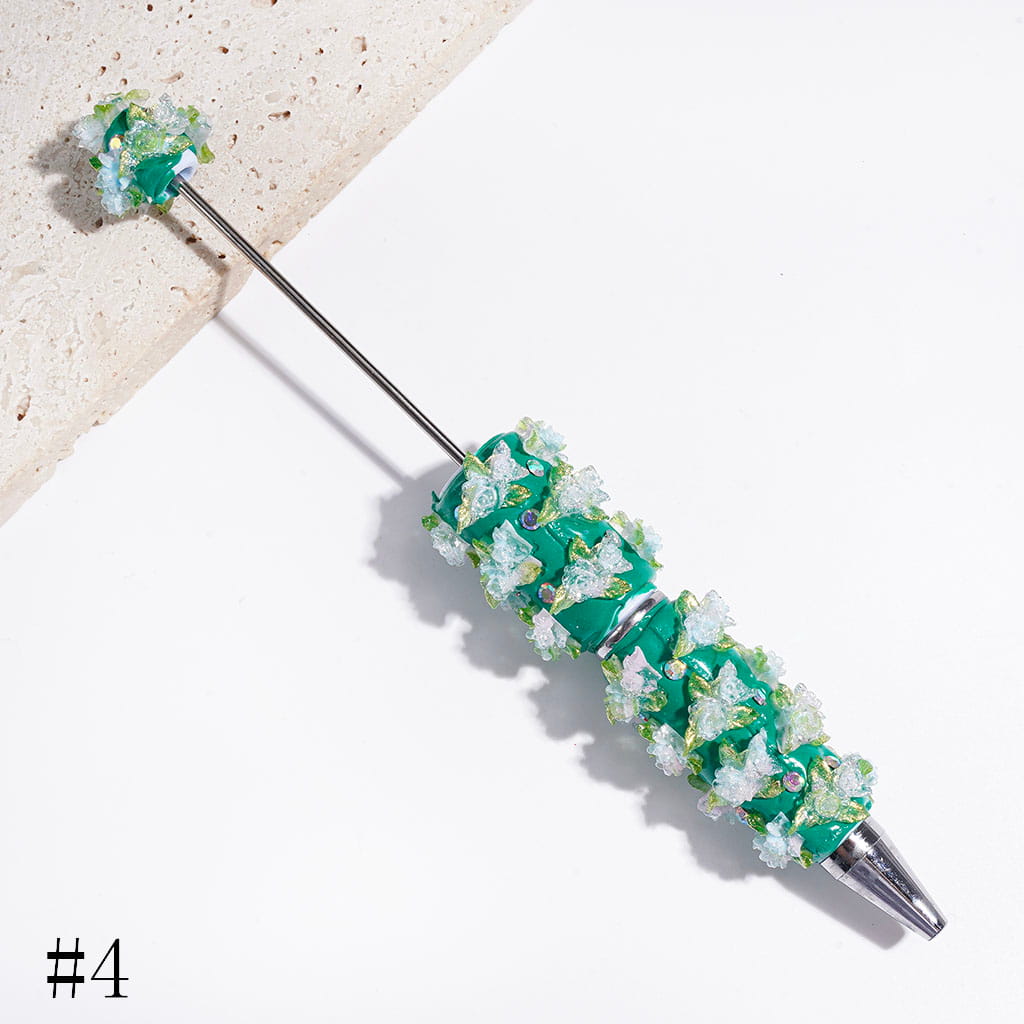 Elegant Rose Flower & Green Leaf Design with Sparkling AB Rhinestones and Silver Glitter Beadable Clay Pens, Multi-Color