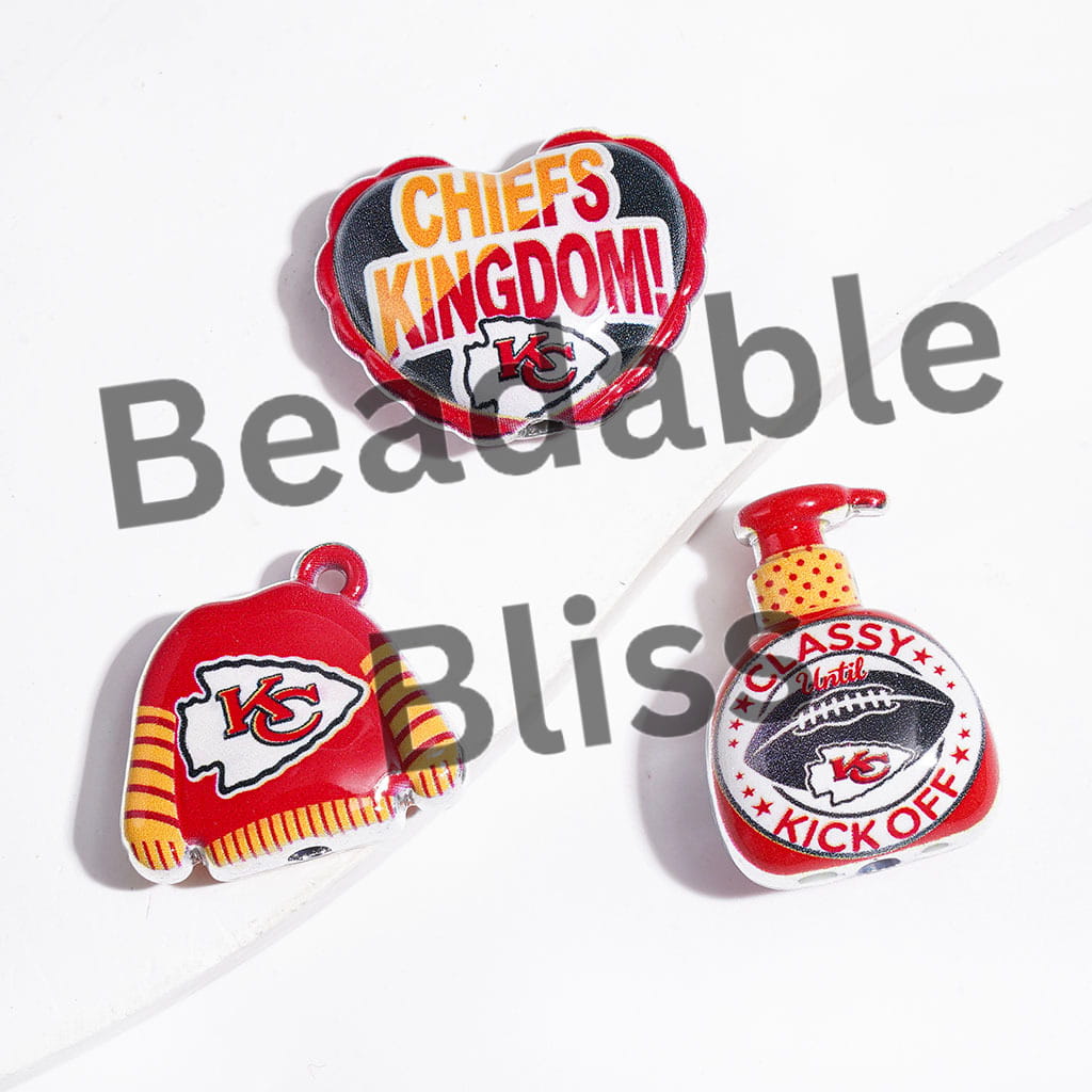 Acrylic Beads and Pendants KC Football Series, Silver Border, Random Mix