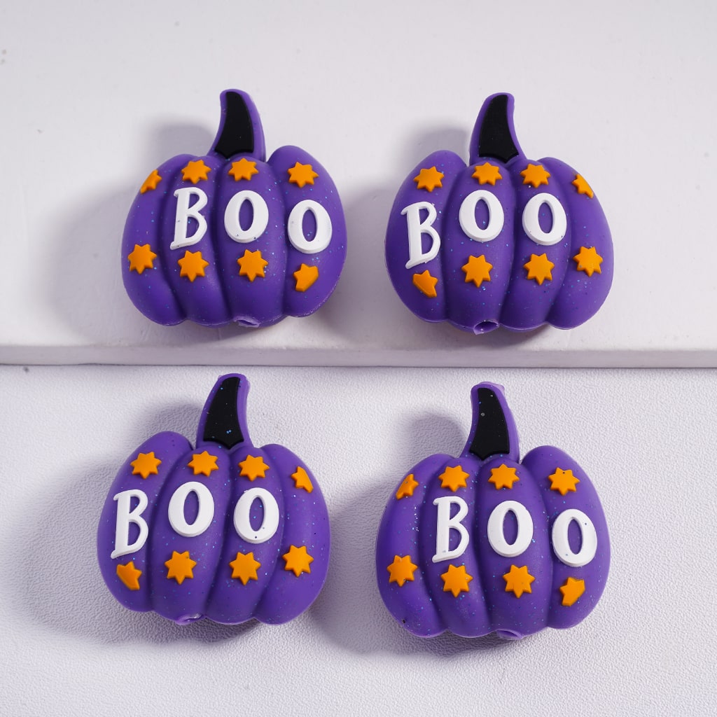 3D Cute Purple Pumpkin with Mini Yellow Star Halloween Boo Silicone Focal Beads