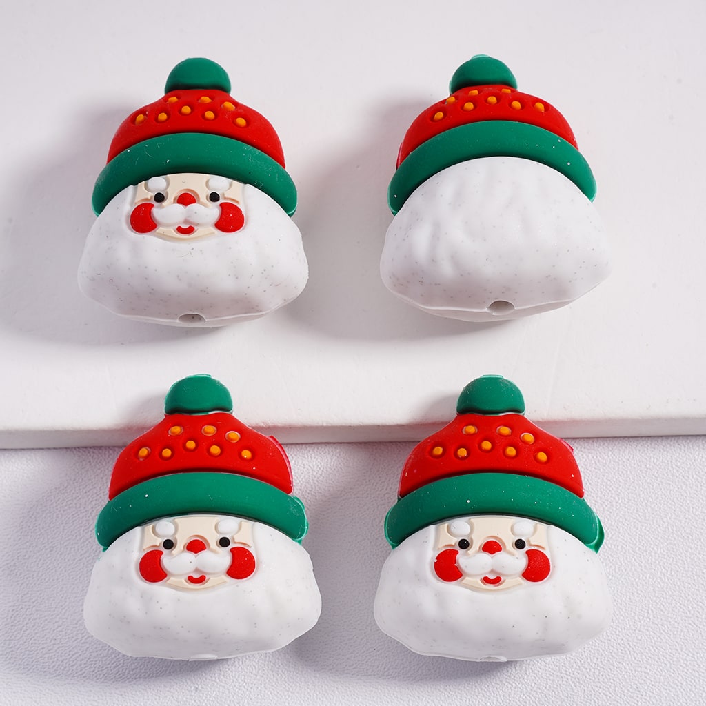 3D Santa Claus with Red & Green Christmas Hat Silicone Focal Beads