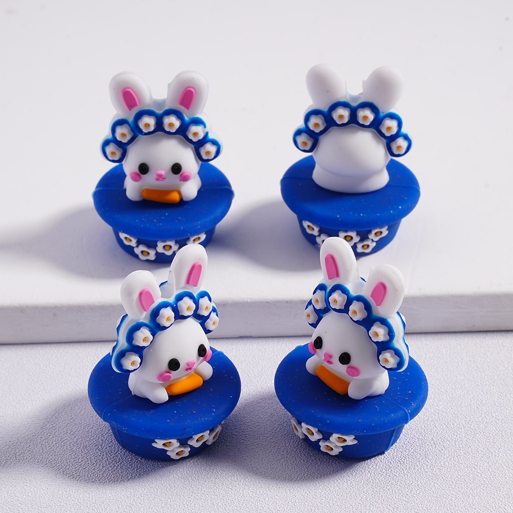 3D Cute Bunny Rabbit with Flower Garland on Blue Pedestal Spring Silicone Focal Beads