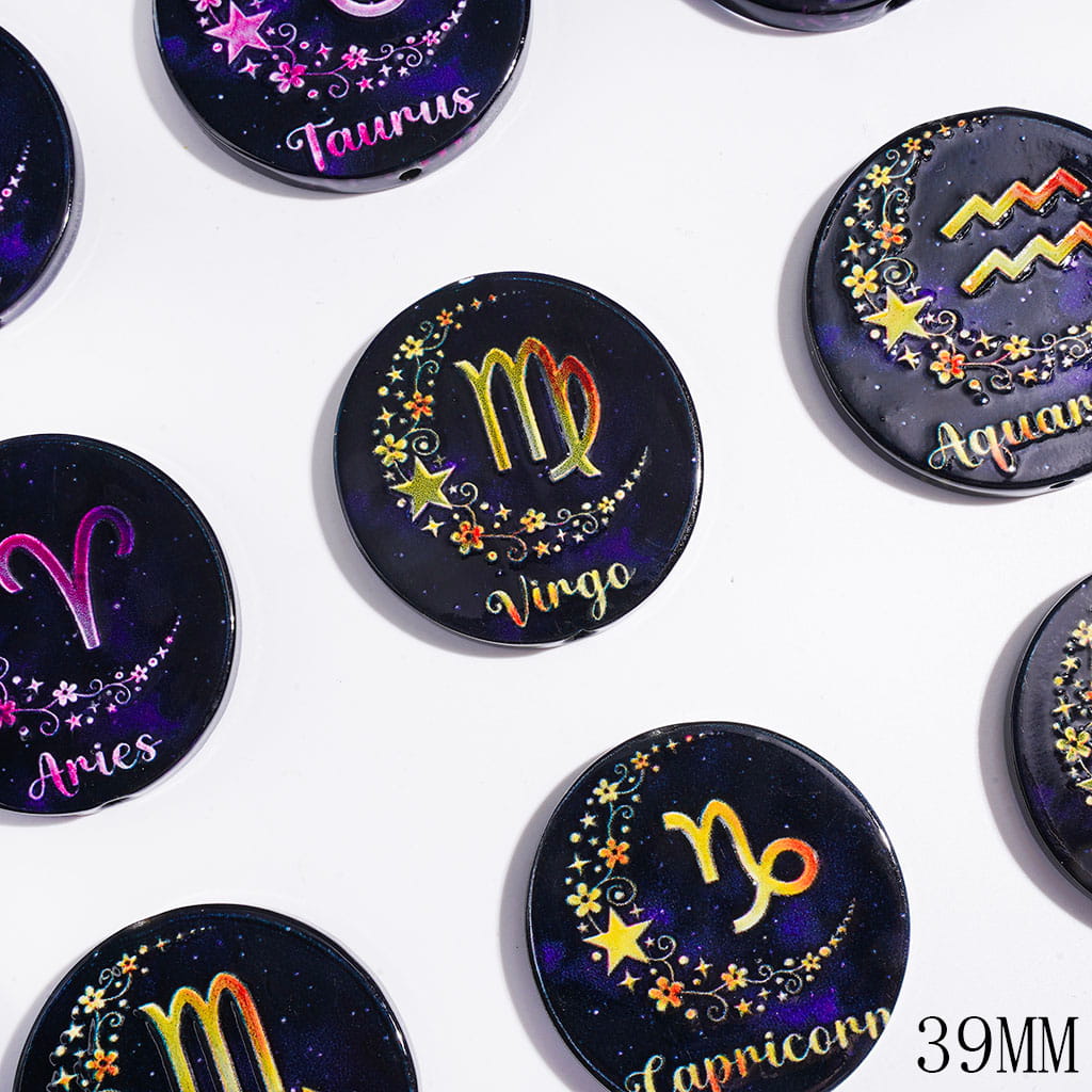 Acrylic Beads with Twelve Constellations Series, Flat Round Shape, 39MM Random Mix
