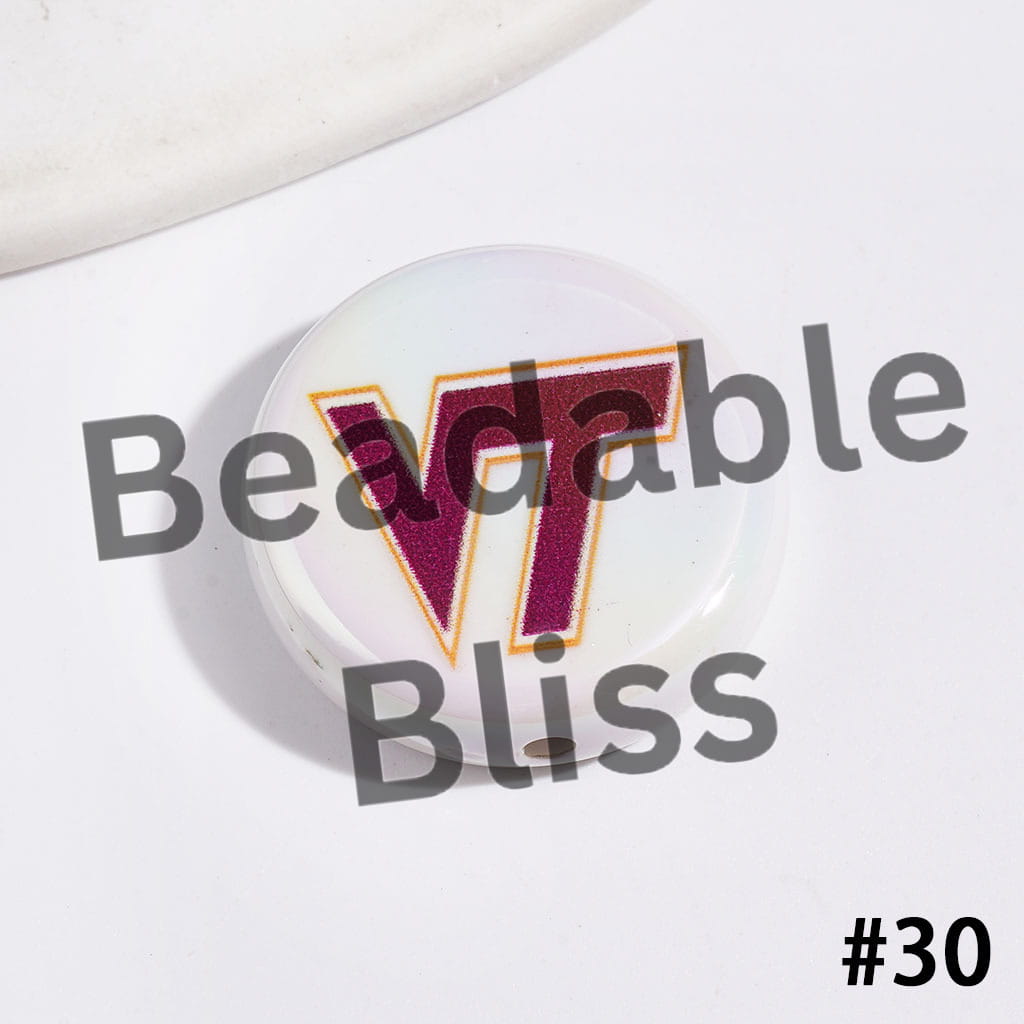UV-Coated Acrylic Beads with American College Football Team Series, Flat Round Shape, 23MM