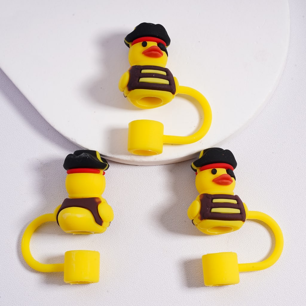 Food Grade Pirate Cute Yellow Duck Silicone Straw Topper with Costume 37mm