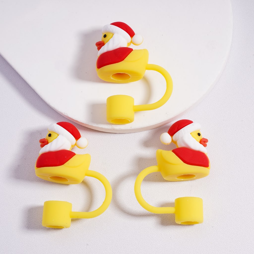 Food Grade Yellow Duckling Silicone Straw Topper with Red Christmas Hat 37mm