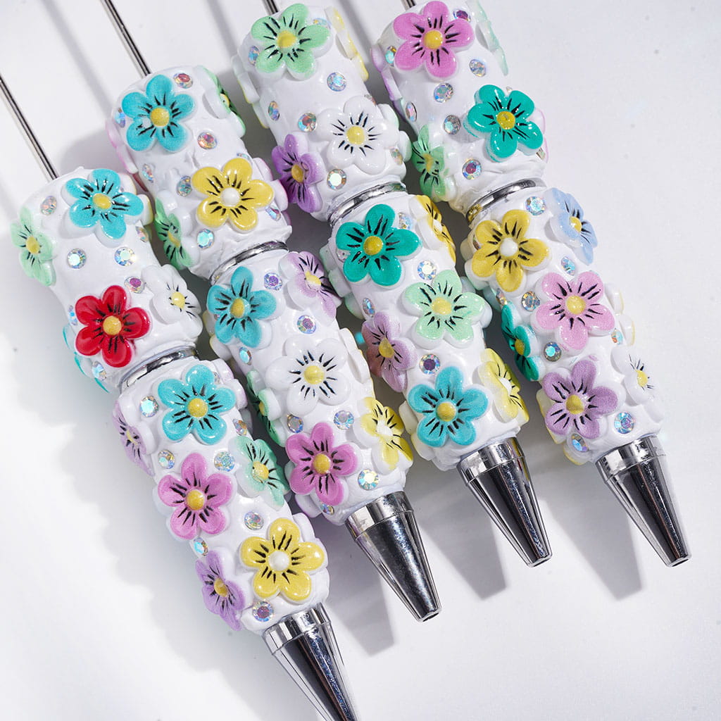 Charming Diverse Colors Five-Petaled Flower Design with Sparkling AB Rhinestones Beadable Clay Pens