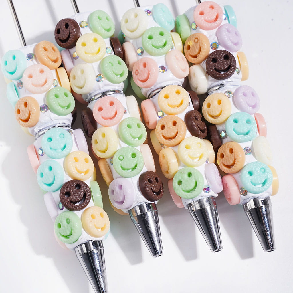 Cute Diverse Colors Smiling Cookie Flat Round Design with Sparkling AB Rhinestones Beadable Clay Pens