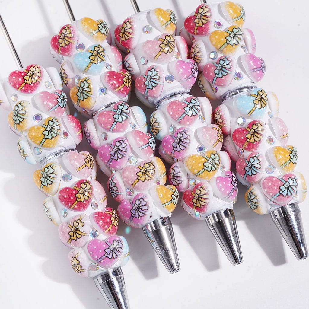 Cute Vibrant Colors Heart with Polka Dots Bowtie Design & Sparkling AB Rhinestones Beadable Clay Pens