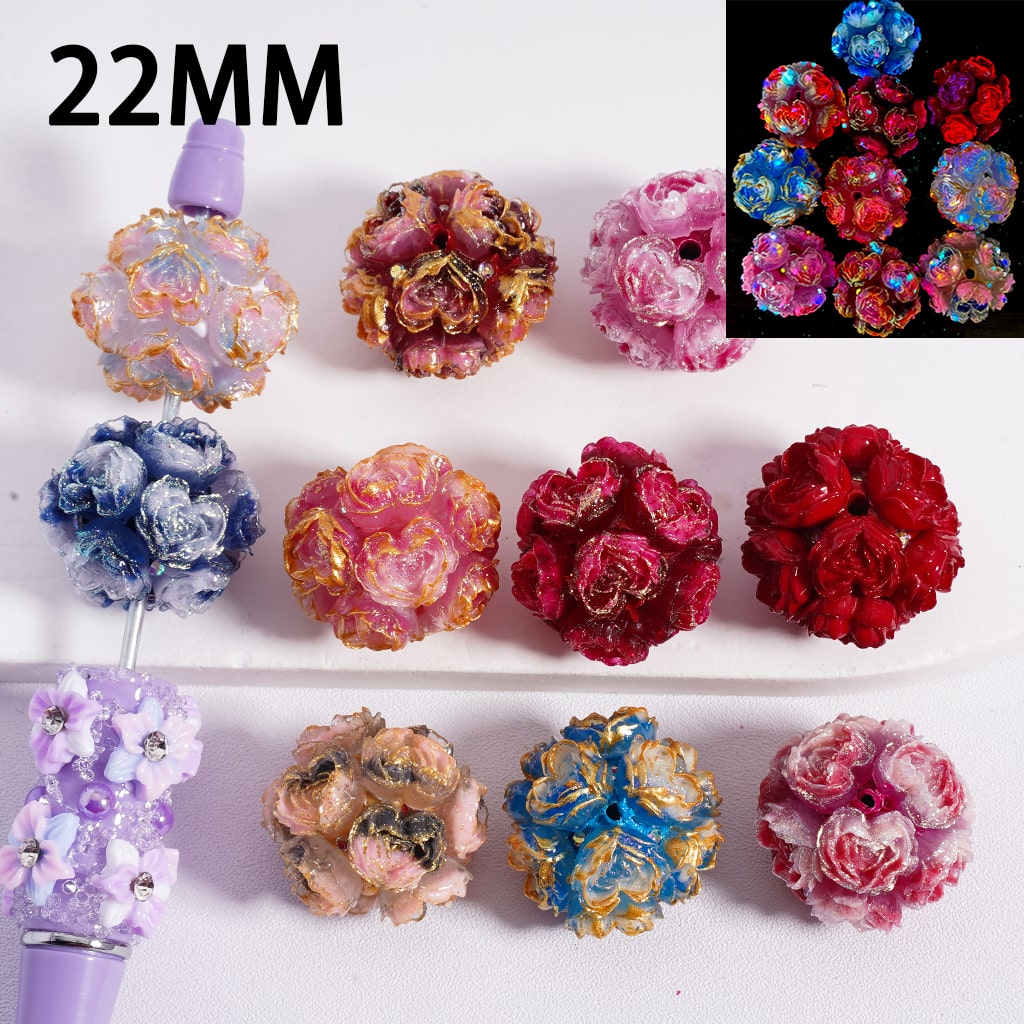 Colorful floral-shaped beads on a white background with '22MM' text.