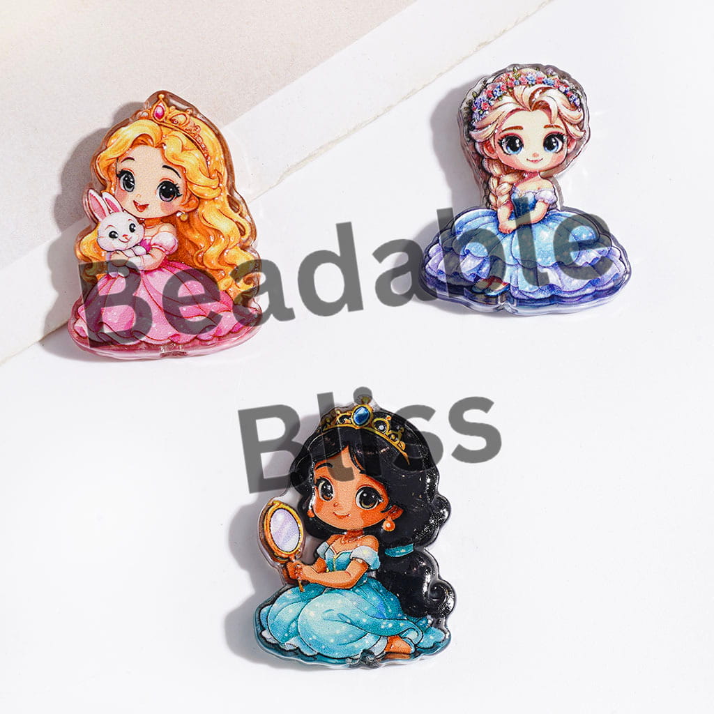 Acrylic Beads with Beautiful Princess Characters Series, Semi-Clear, Random Mix