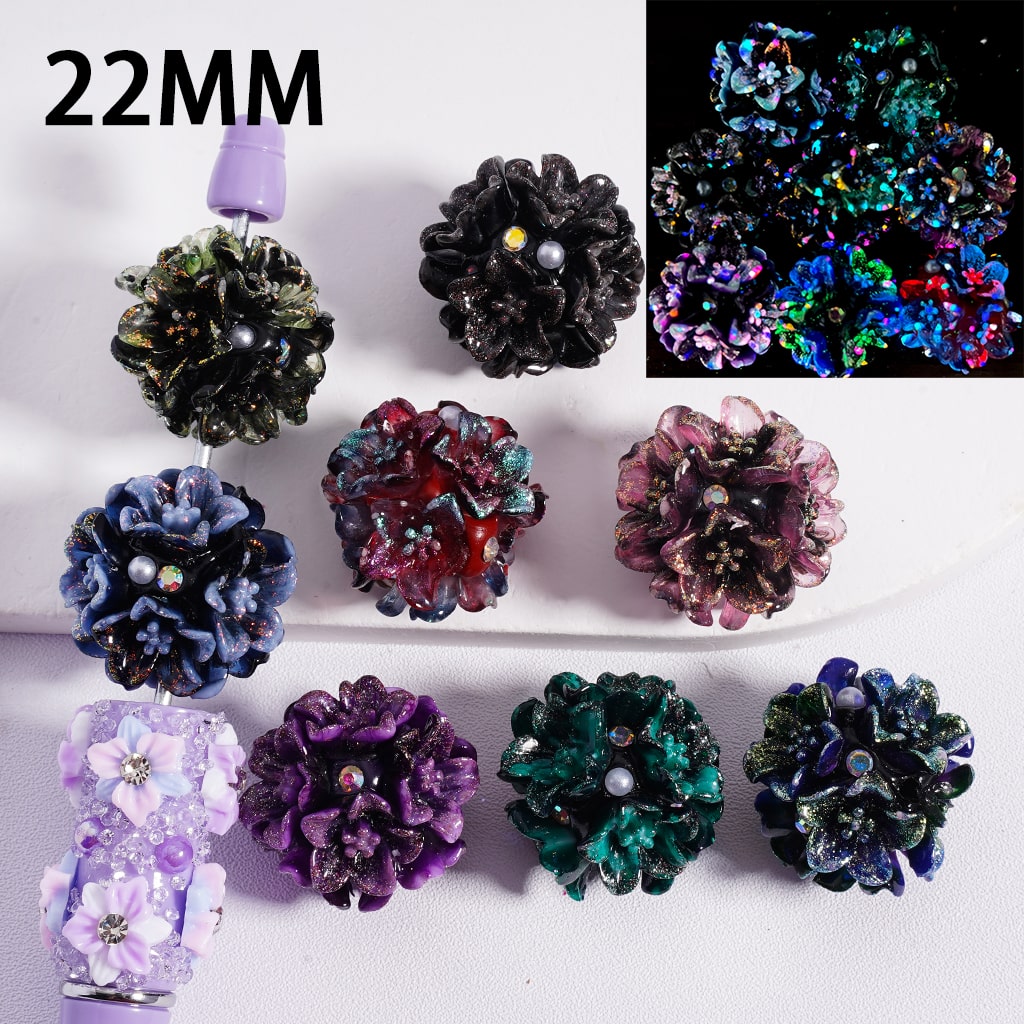 Glowing Cute Flower Clay Beads with White Pearls & AB Rhinestones Dark Color Series, 22MM