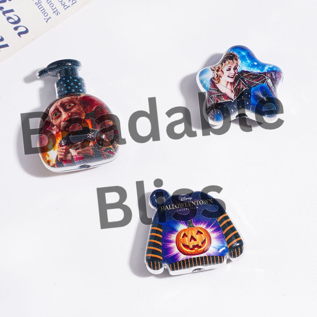 Acrylic Beads and Pendants with Halloween Character, Silver Border, Random Mix